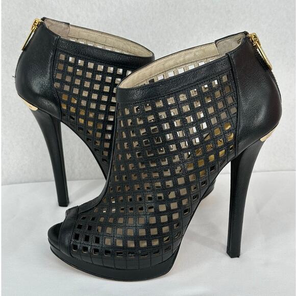 Michael Kors Black Gold Graham Peep Toe Perforated Leather 5" Heel Bootie 8M - Picture 1 of 9